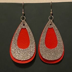 Handmade Faux Leather Earrings- Red & Silver